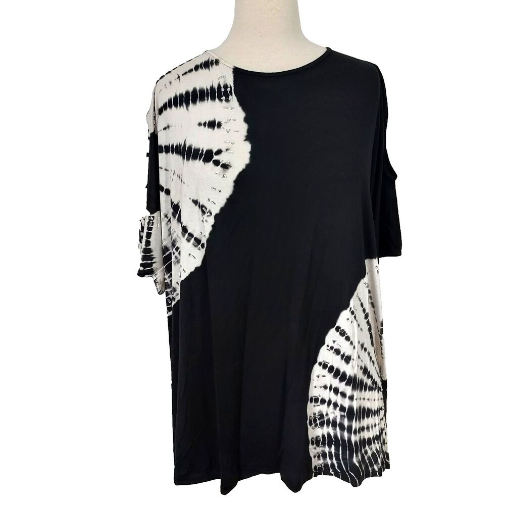 Belldini Black White Tye Dye Cold Shoulder Sleeve Tunic Top Retro Womens Plus 3X